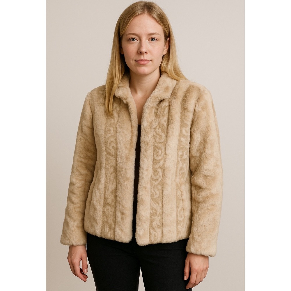 Women's Faux Fur "Besoin" Jacket Tan Beige Patterned Cropped Coat‎ Size Medium